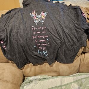 Women’s Long Sleeve Graphic Tee - Dark Gray with Pink & Pastel Butterfly Print